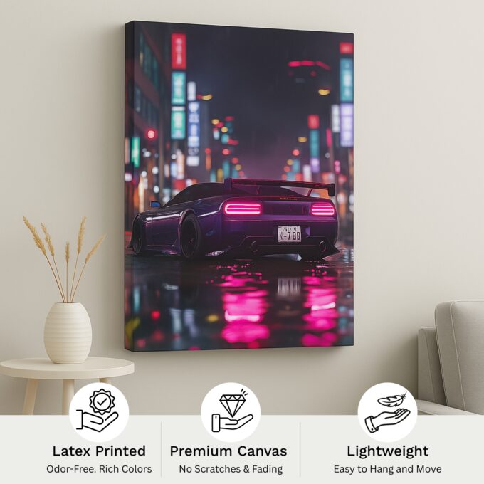 Neon Night Ride Canvas Wall Art – Futuristic Supercar in Cyberpunk City - Image 4