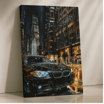 Midnight BMW in City Lights Canvas Wall Art – Luxury Car at Night