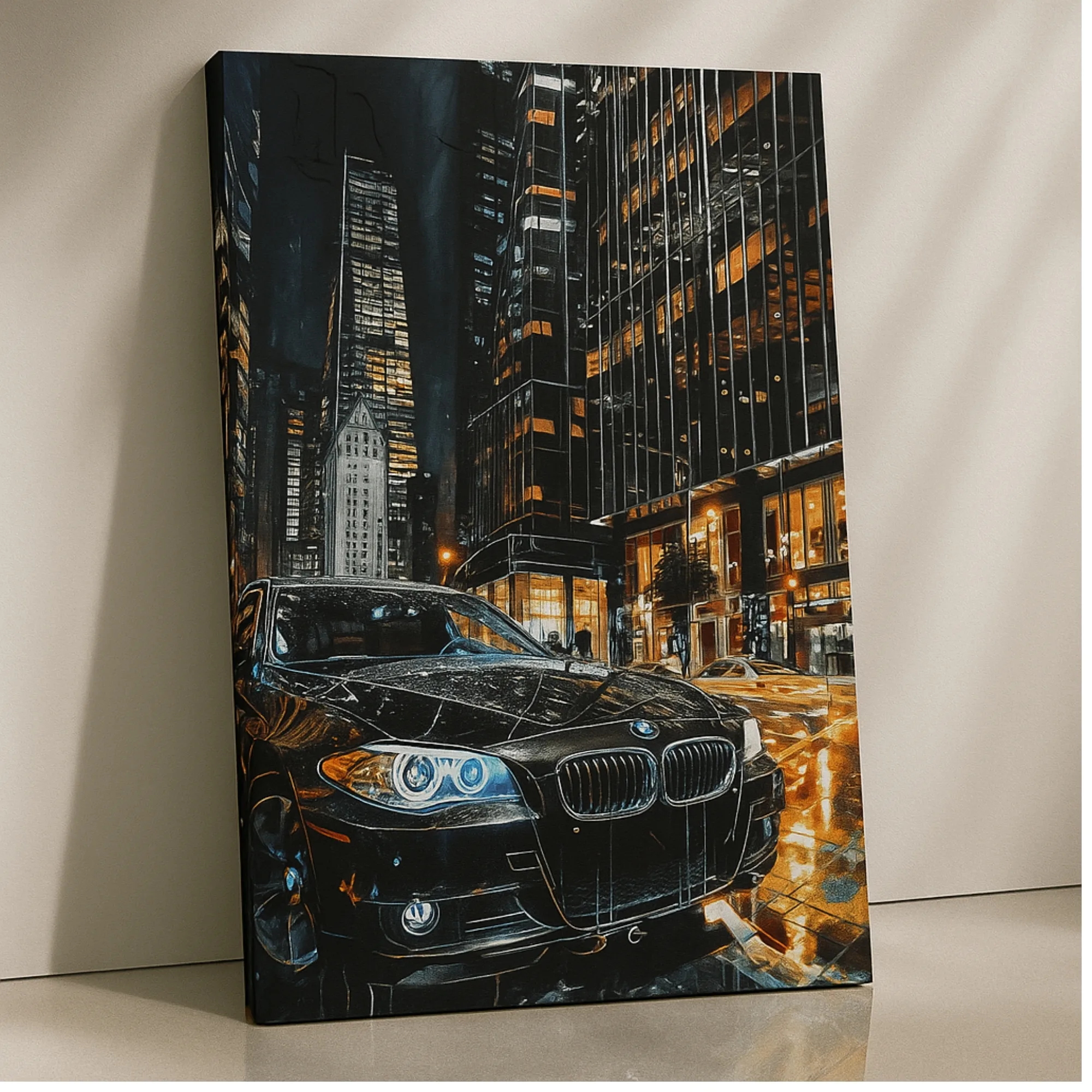 Midnight BMW city lights luxury car canvas print by Artfy Canvas – automotive canvas painting, wall paintings, artwork for wall décor