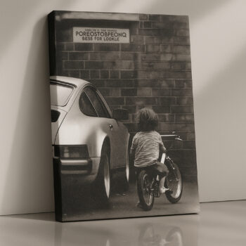 Childhood Dreams & Porsche Canvas Wall Art – Retro Car with Kid on Bicycle