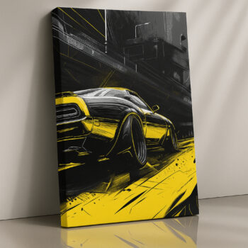 Muscle Car Drift Canvas Print – Black & Yellow American Power Art