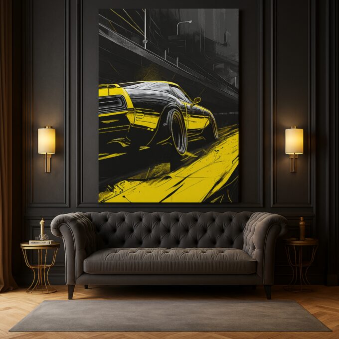 Muscle Car Drift Canvas Print – Black & Yellow American Power Art - Image 2