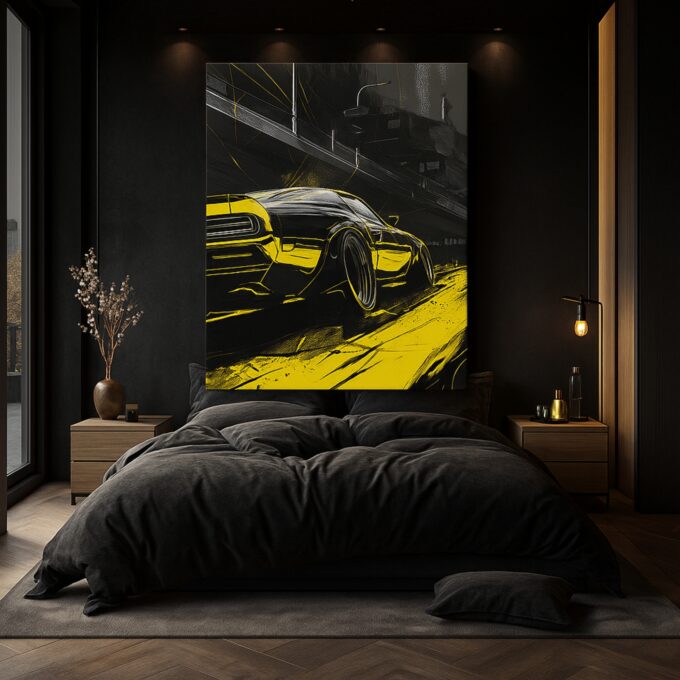 Muscle Car Drift Canvas Print – Black & Yellow American Power Art - Image 3