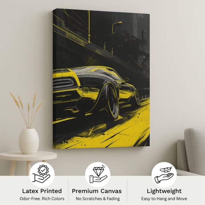 Muscle Car Drift Canvas Print – Black & Yellow American Power Art - Image 4