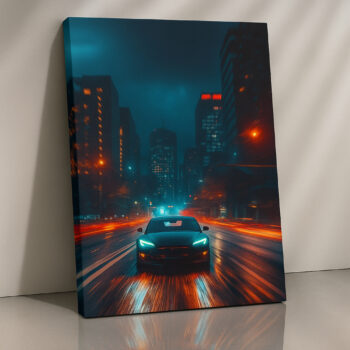Tesla Night Drive Neon Canvas Wall Art – Futuristic EV Glow Poster