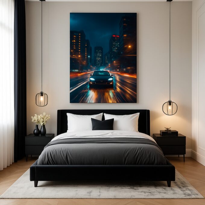 Tesla Night Drive Neon Canvas Wall Art – Futuristic EV Glow Poster - Image 3