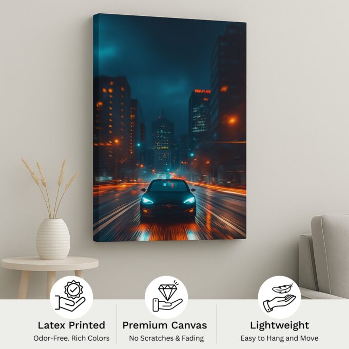 Tesla Night Drive Neon Canvas Wall Art – Futuristic EV Glow Poster - Image 4