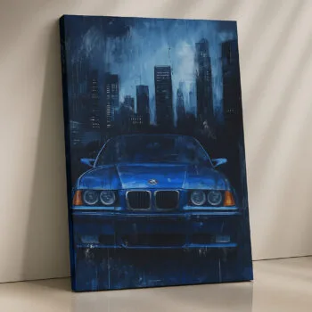 Rainy City BMW E36 blue drift car canvas print by Artfy Canvas – JDM automotive canvas painting, wall paintings, artwork for wall décor