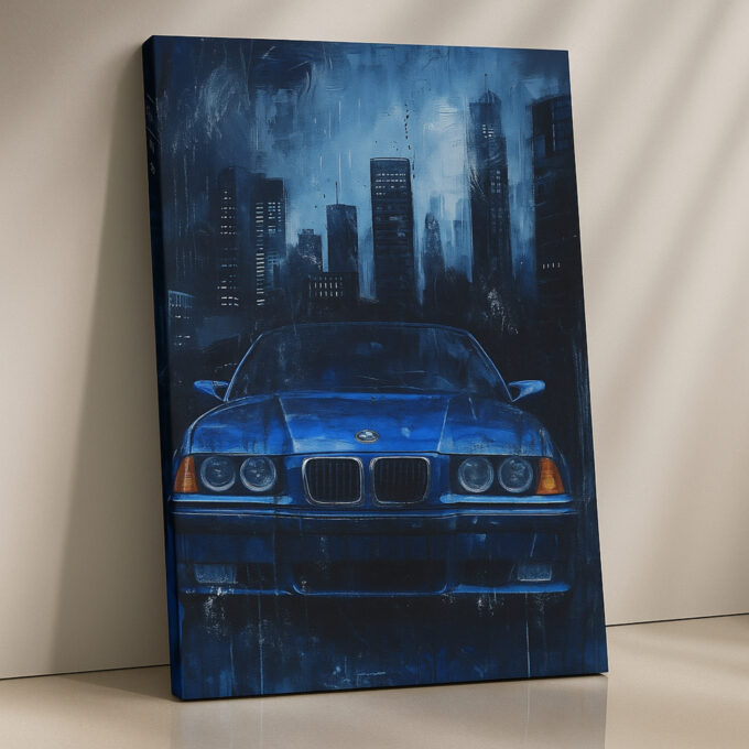 Rainy City BMW E36 Canvas Wall Art – Blue Classic Drip Poster