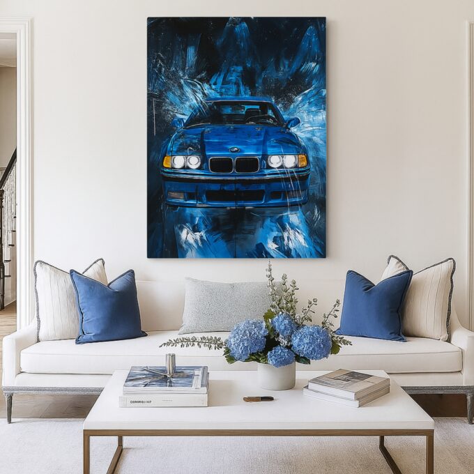 Rainy City BMW E36 Canvas Wall Art – Blue Classic Drip Poster - Image 2