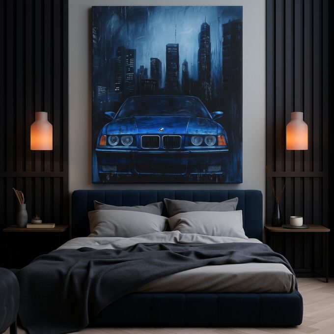 Rainy City BMW E36 Canvas Wall Art – Blue Classic Drip Poster - Image 3