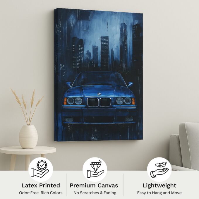 Rainy City BMW E36 Canvas Wall Art – Blue Classic Drip Poster - Image 4