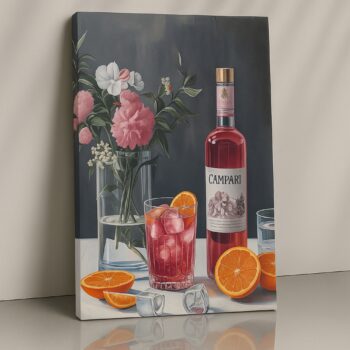 Campari Bottle with Flowers – Vintage Alcohol Still Life Canvas Art