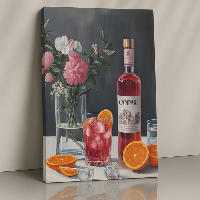 Campari Bottle with Flowers – Vintage Alcohol Still Life Canvas Art