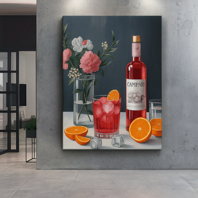 Campari Bottle with Flowers – Vintage Alcohol Still Life Canvas Art - Image 3