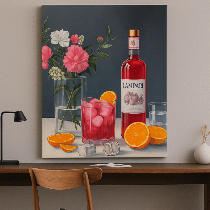 Campari Bottle with Flowers – Vintage Alcohol Still Life Canvas Art - Image 2