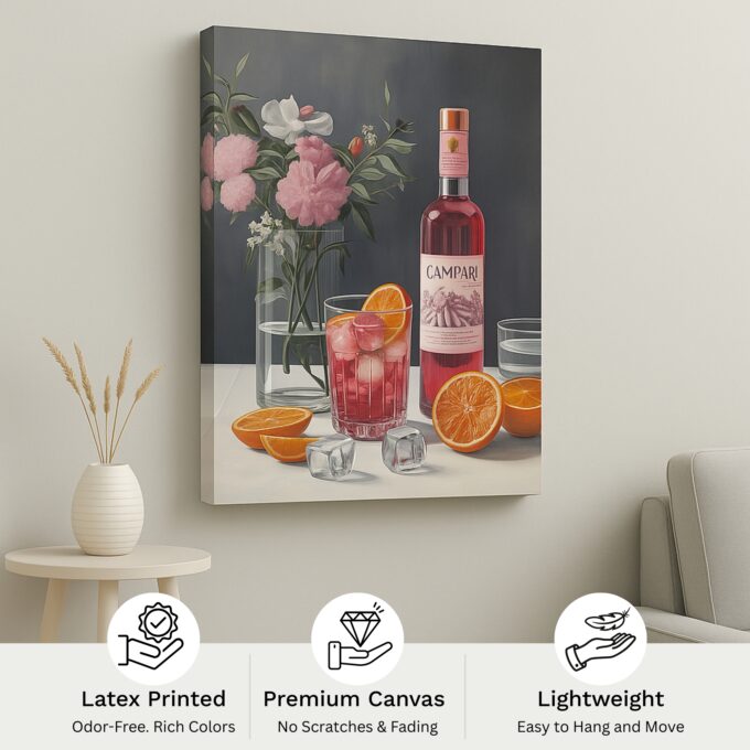 Campari Bottle with Flowers – Vintage Alcohol Still Life Canvas Art - Image 4