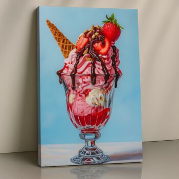 Strawberry Sundae with Chocolate Drizzle – Dessert Canvas Wall Art