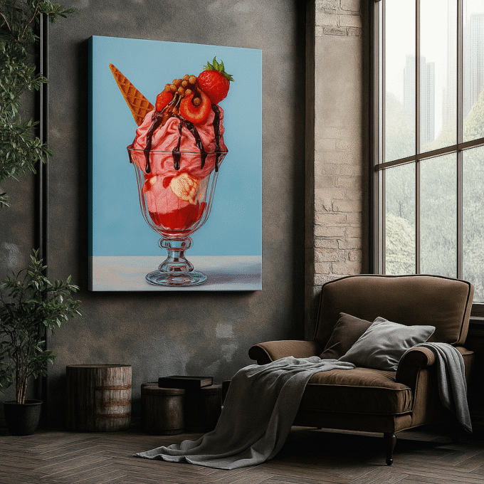 Strawberry Sundae with Chocolate Drizzle – Dessert Canvas Wall Art - Image 2