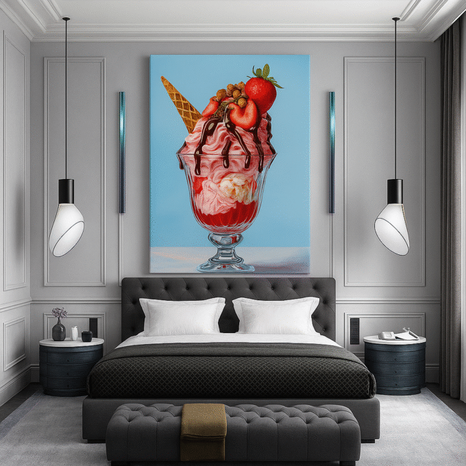 Strawberry Sundae with Chocolate Drizzle – Dessert Canvas Wall Art - Image 3