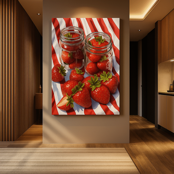 Fresh Strawberries in Glass Jars – Realistic Fruit Canvas Wall Art - Image 2
