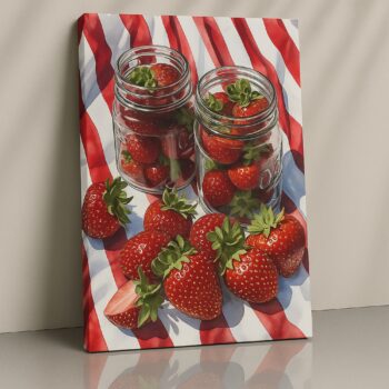 Fresh Strawberries in Glass Jars – Realistic Fruit Canvas Wall Art
