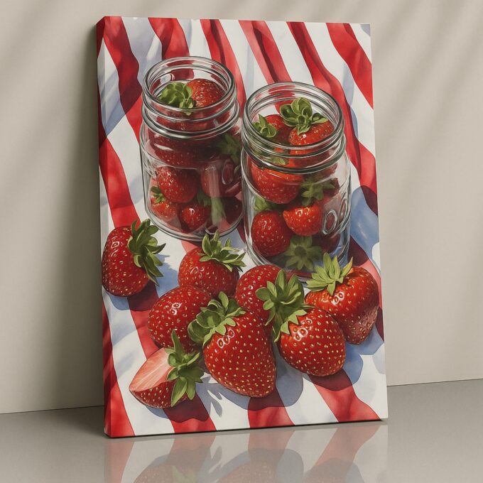 Fresh Strawberries in Glass Jars – Realistic Fruit Canvas Wall Art