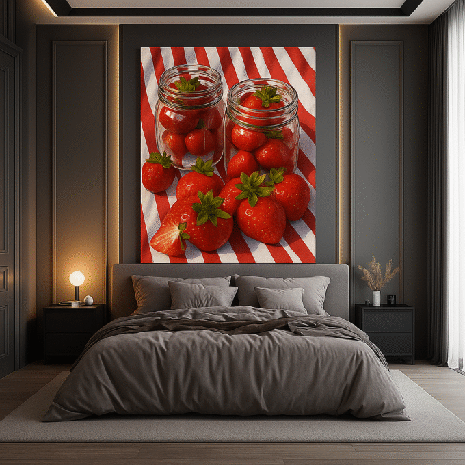 Fresh Strawberries in Glass Jars – Realistic Fruit Canvas Wall Art - Image 3