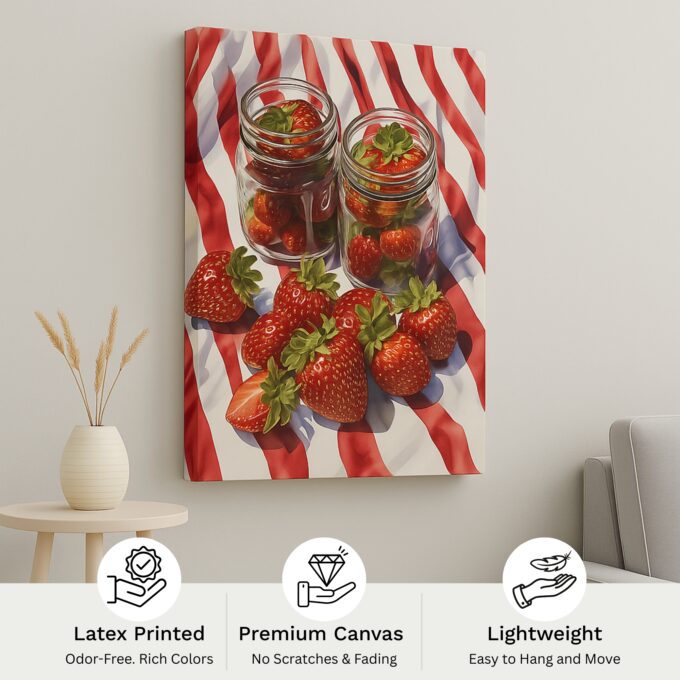 Fresh Strawberries in Glass Jars – Realistic Fruit Canvas Wall Art - Image 4