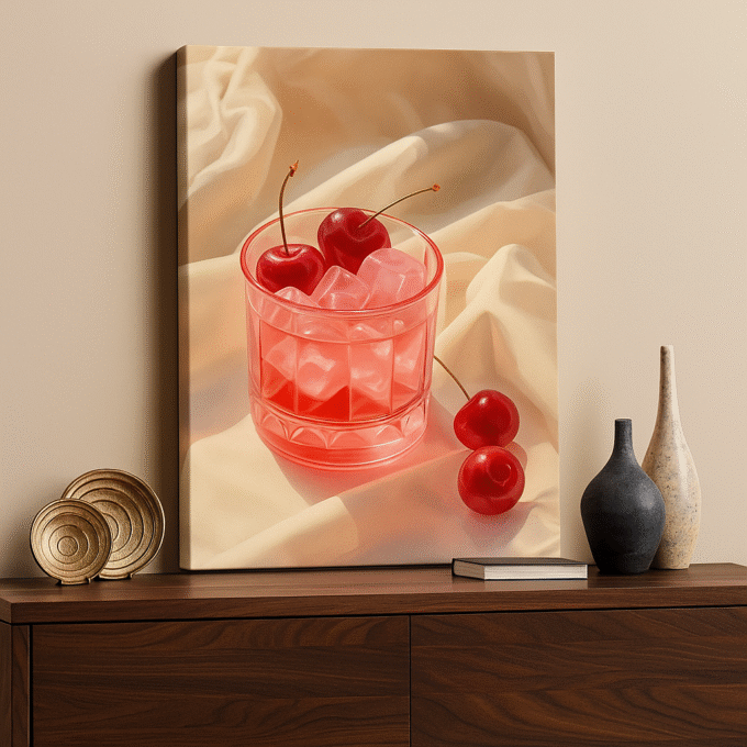 Cherries in Glass with Ice – Elegant Cherry Cocktail Canvas Wall Art - Image 3