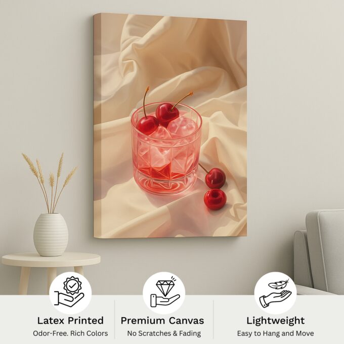 Cherries in Glass with Ice – Elegant Cherry Cocktail Canvas Wall Art - Image 4