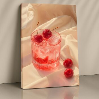 Cherries in Glass with Ice – Elegant Cherry Cocktail Canvas Wall Art