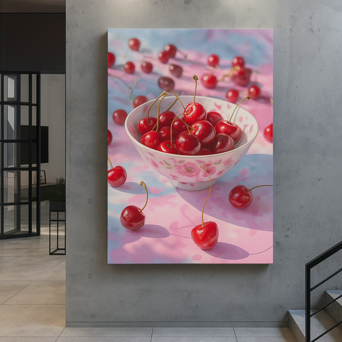 Bowl of Cherries on Pink Cloth – Sweet Cherry Fruit Canvas Wall Decor - Image 2