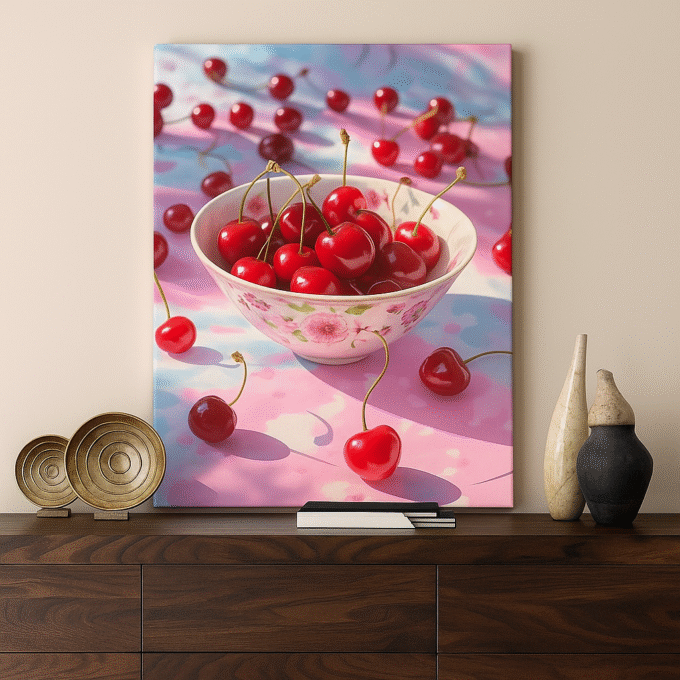 Bowl of Cherries on Pink Cloth – Sweet Cherry Fruit Canvas Wall Decor - Image 3