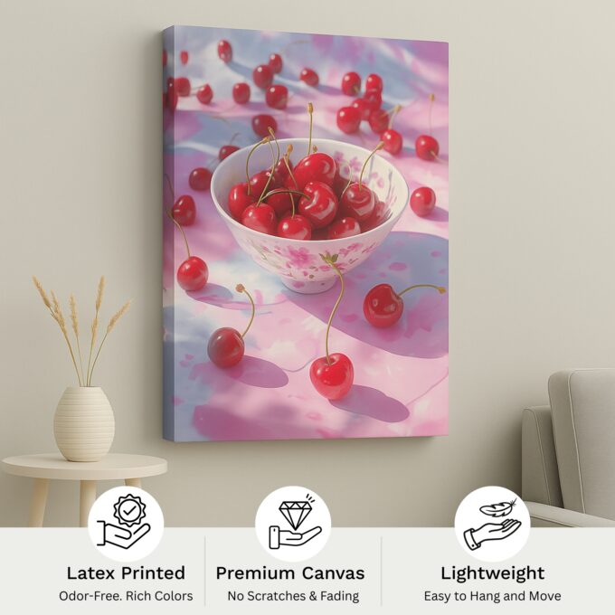 Bowl of Cherries on Pink Cloth – Sweet Cherry Fruit Canvas Wall Decor - Image 4