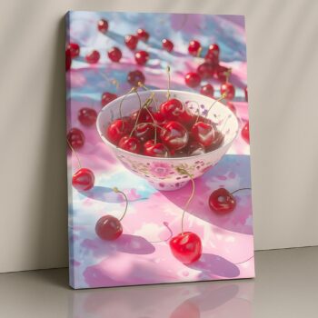 Bowl of Cherries on Pink Cloth – Sweet Cherry Fruit Canvas Wall Decor