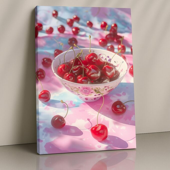 Bowl of Cherries on Pink Cloth – Sweet Cherry Fruit Canvas Wall Decor