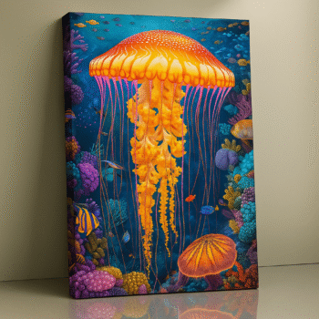 Flame of the Reef – Vibrant Jellyfish Canvas Wall Art