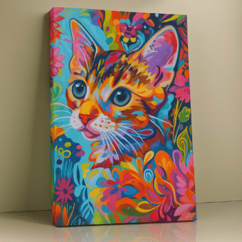 Blooming Whiskers – Vibrant Cat Canvas Wall Art