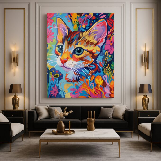 Blooming Whiskers – Vibrant Cat Canvas Wall Art - Image 2