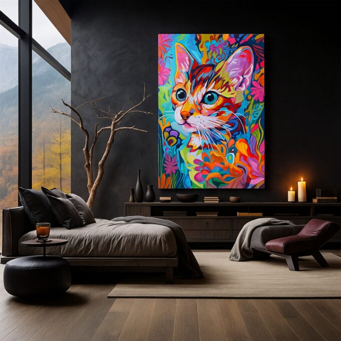 Blooming Whiskers – Vibrant Cat Canvas Wall Art - Image 3