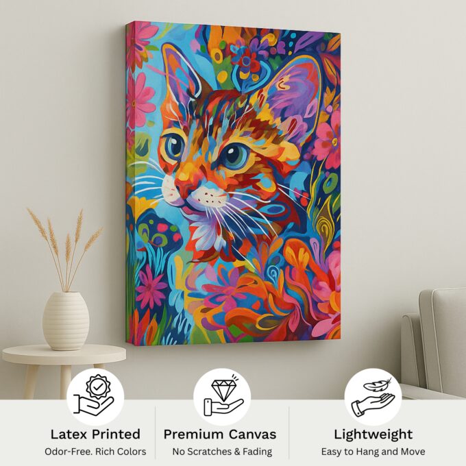 Blooming Whiskers – Vibrant Cat Canvas Wall Art - Image 4
