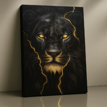 Canvas wall art of a fierce black lion illuminated by golden lightning, titled Lightning King