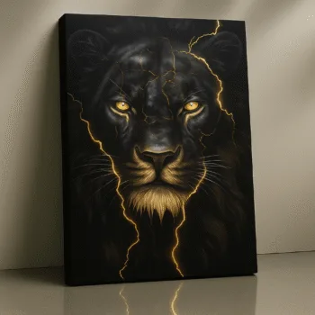 Canvas wall art of a fierce black lion illuminated by golden lightning, titled Lightning King