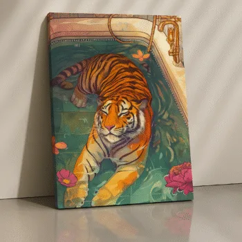 Canvas print – Tub Majesty brings surreal tiger art to your walls. Premium stretched canvas, fade-resistant inks, ready to hang. A bold statement for modern décor.