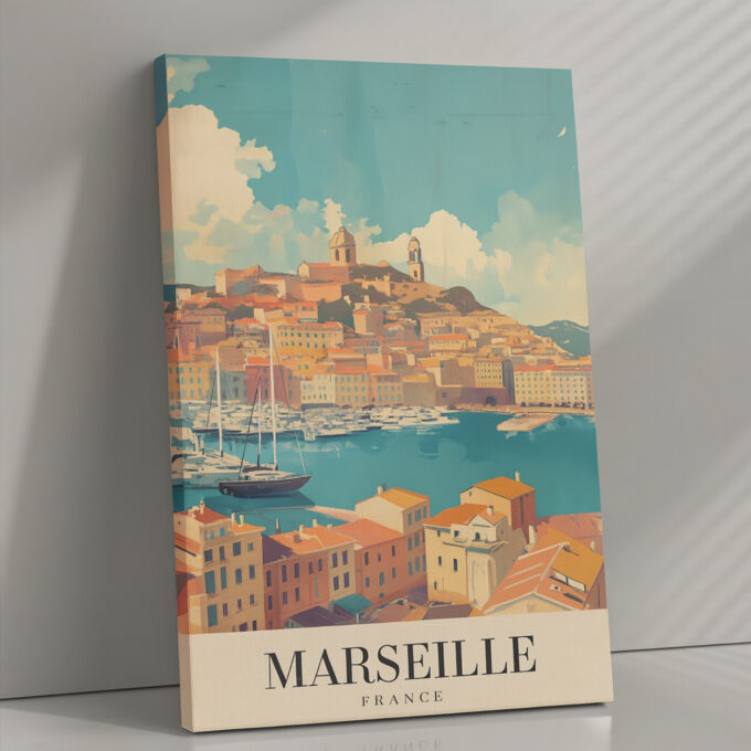 Marseille France Coastal Canvas Wall Art – Mediterranean Harbor Scene – Colorful French Seaside Print