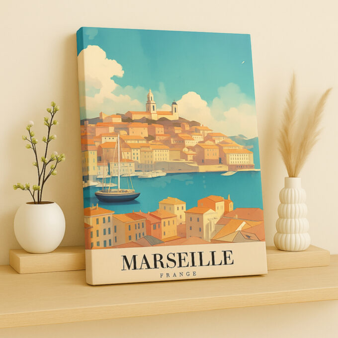 Marseille France Coastal Canvas Wall Art – Mediterranean Harbor Scene – Colorful French Seaside Print - Image 2