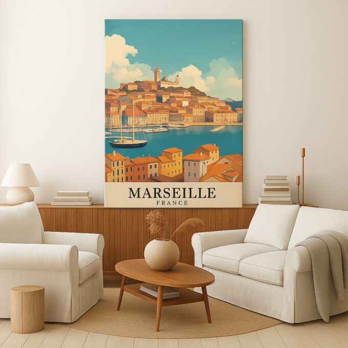 Marseille France Coastal Canvas Wall Art – Mediterranean Harbor Scene – Colorful French Seaside Print - Image 3