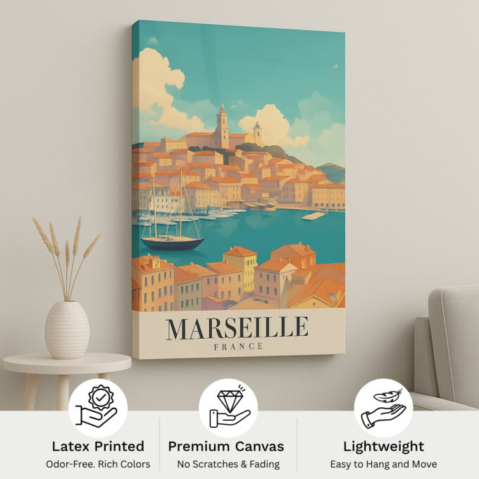 Marseille France Coastal Canvas Wall Art – Mediterranean Harbor Scene – Colorful French Seaside Print - Image 4