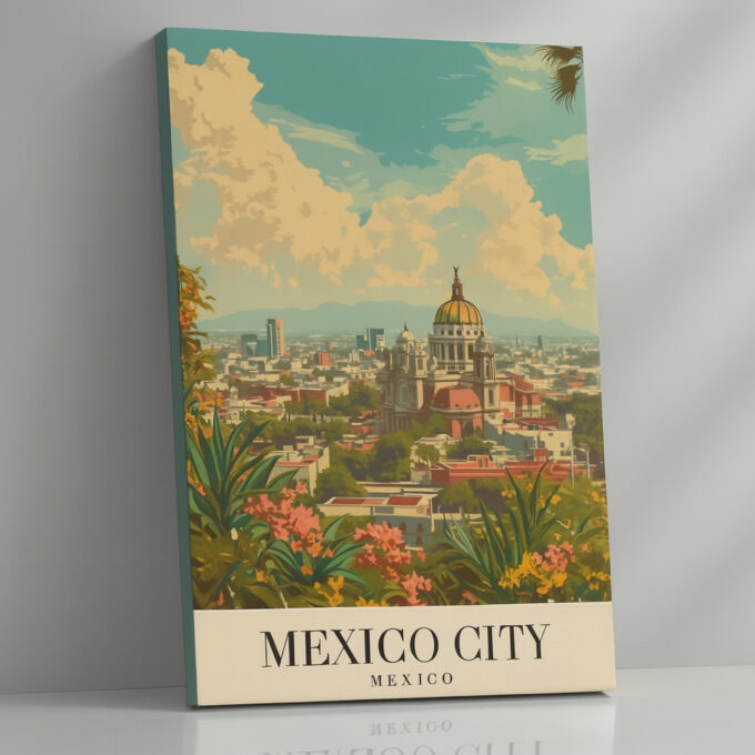 Mexico City Canvas Wall Art – Colorful Mexico Travel Poster – Latin America Vintage Print